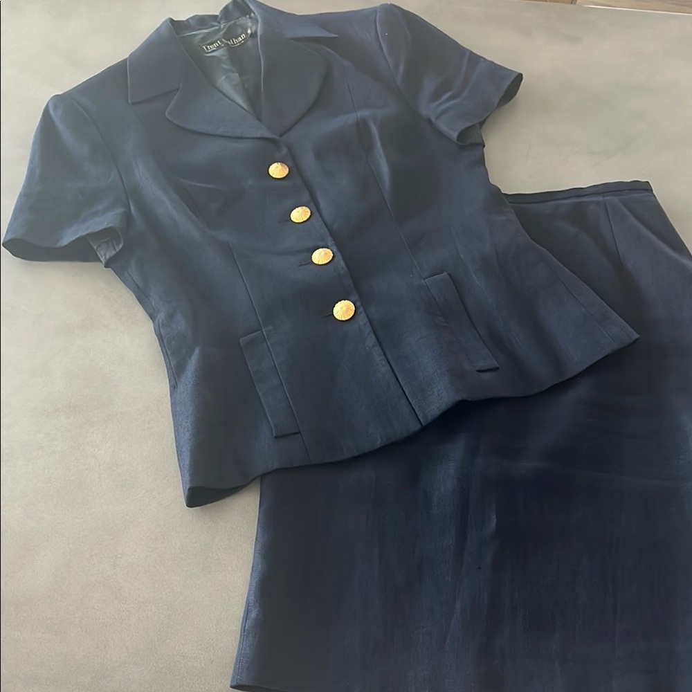 Trent Nathan Midnight Blue Blazer with Gold Accent buttons and skirt pure linen